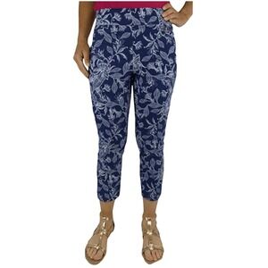 Rafaella‎ Comfort Cropped Pants Navy Blue White Floral Leaf Pattern Trousers
